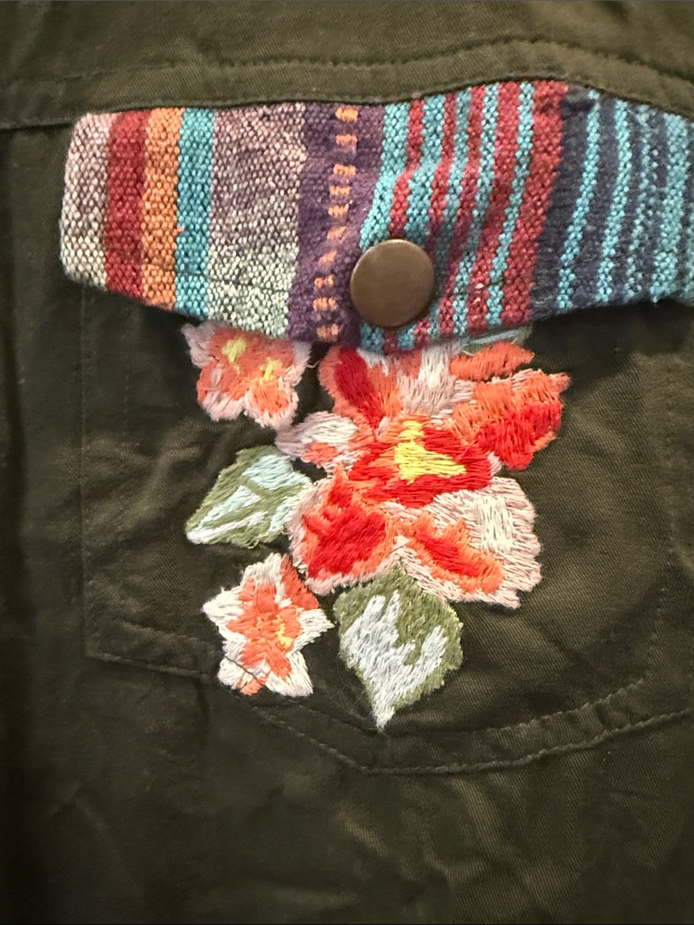 Olive Green Embroidered Utility Jacket with Multicolor Trim - Picture 3 of 13